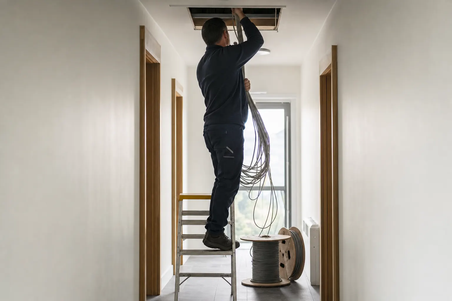 Cable installer feeding data cables up through a ceiling hatch in an apartment block hallway